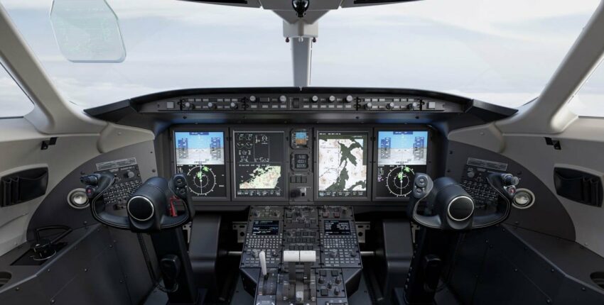 location jet privé - Cockpit du Challenger 350 avec vue ciel